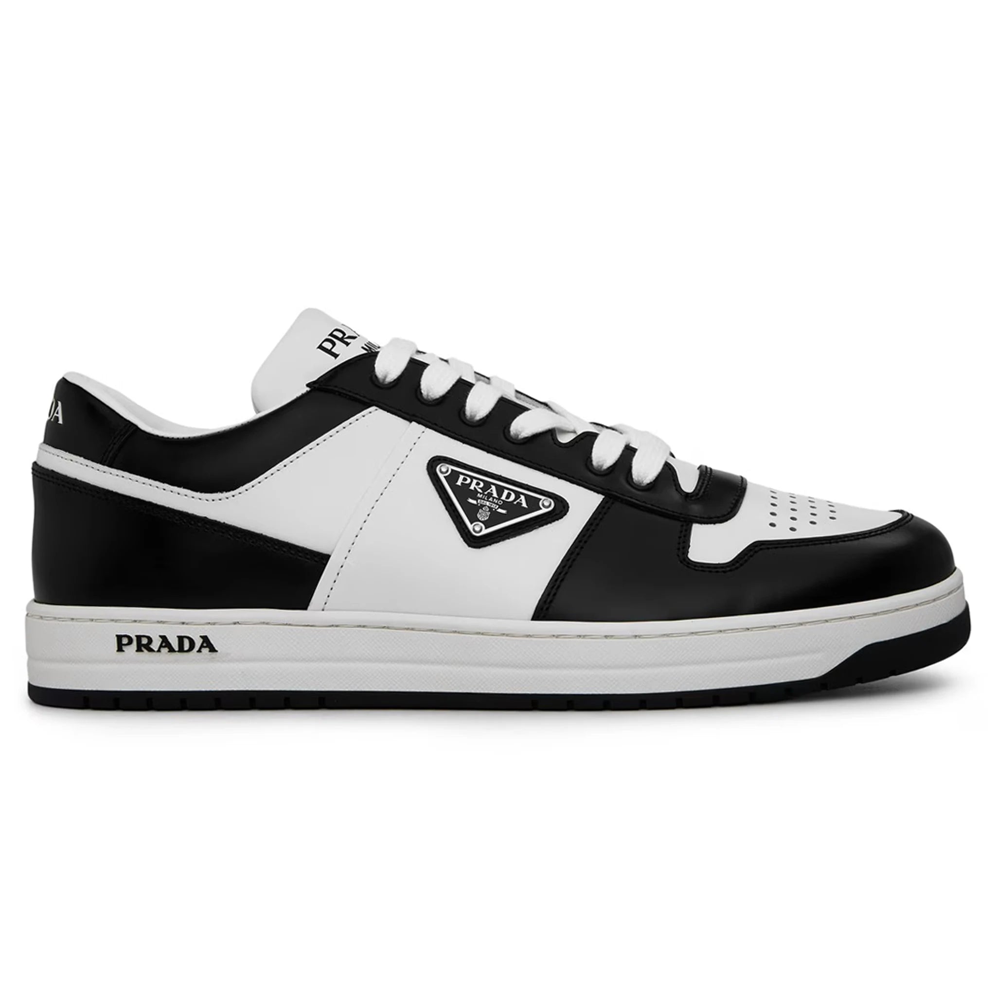 Side view of Prada Downtown Leather Low Top White Black Sneaker